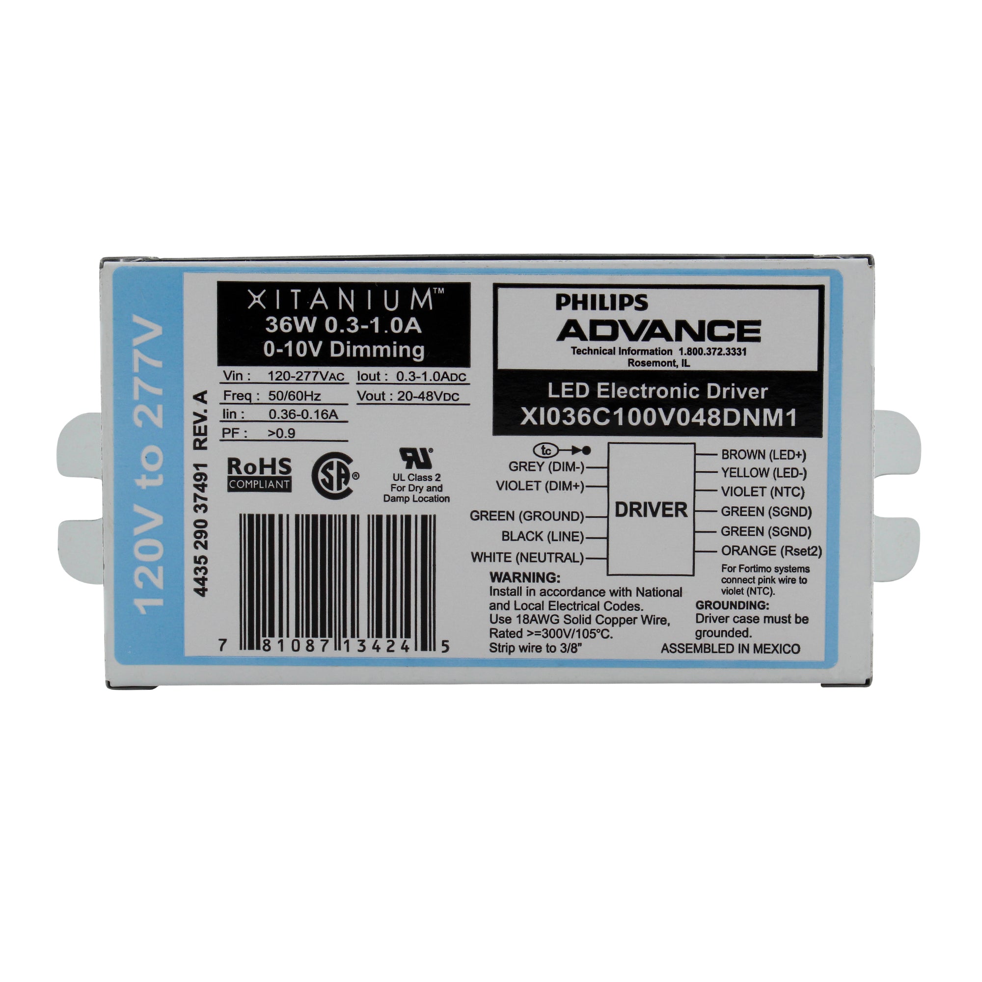 Advance Ballast, ADVANCE XI036C100V048DNM1 XITANIUM 0-10V DIMMING LED DRIVER, 36W, 20-48VDC, UNV