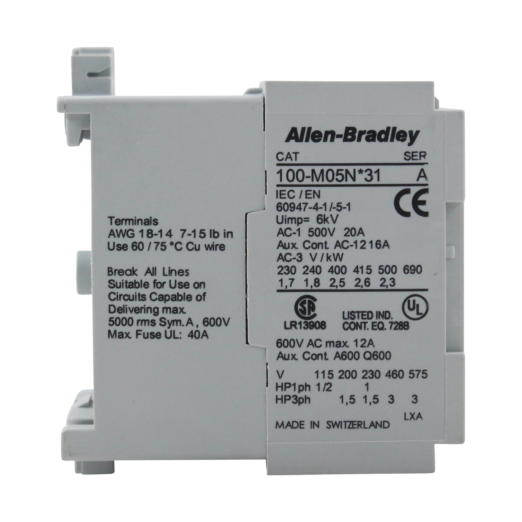 Allen Bradley Group, ALLEN BRADLEY 100-M05N31 MINI CONTACTOR, IEC, SERIES-A, 3-POLE, 1-NC