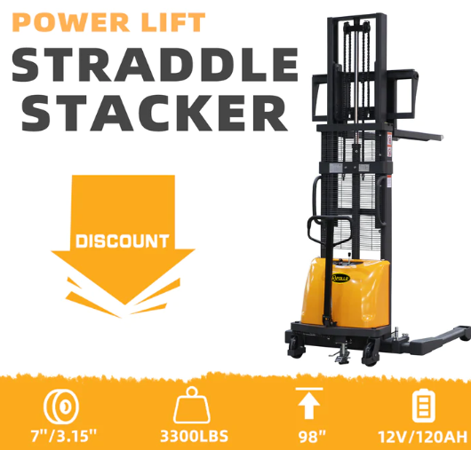 Apollolift, Apollolift A-3011 98" Lifting Height 3300 lbs. Capacity Power Lift Straddle Stacker New