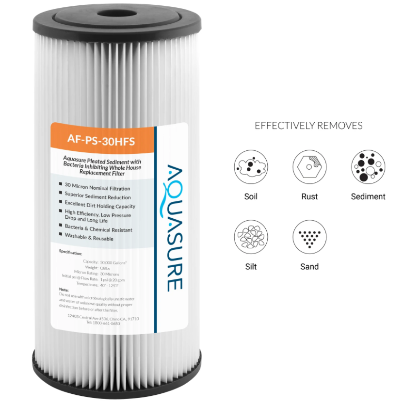 Aquasure, Aquasure AF-PS-30HFS Fortitude V2 Series High Flow 30 Micron Pleated Sediment Filter - Standard Size New