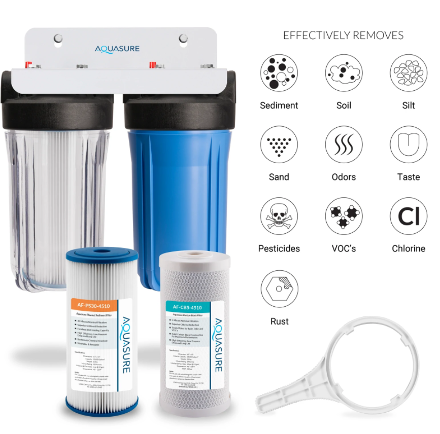 Aquasure, Aquasure AS-F210PSCB Fortitude V Series 10 Inch 2 Stage Whole House Water Filter With Sediment And Carbon New