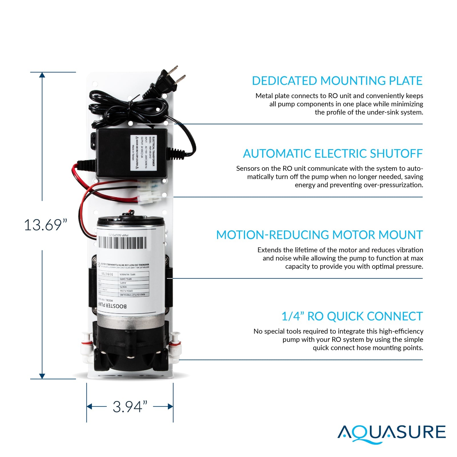 Aquasure, Aquasure AS-PR100E Premier Elite 100 GPD Reverse Osmosis Water Filtration System With Electric Boosting Pump New