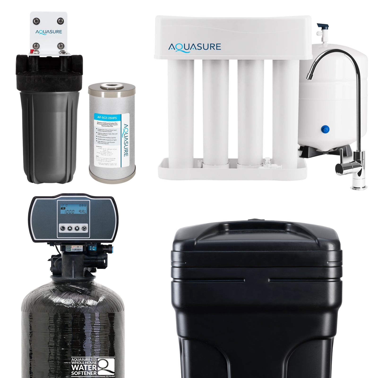 Aquasure, Aquasure AS-WHF48D Whole House Filtration with 48,000 Grain Water Softener Reverse Osmosis System and Sediment-GAC Pre-filter Bundle New