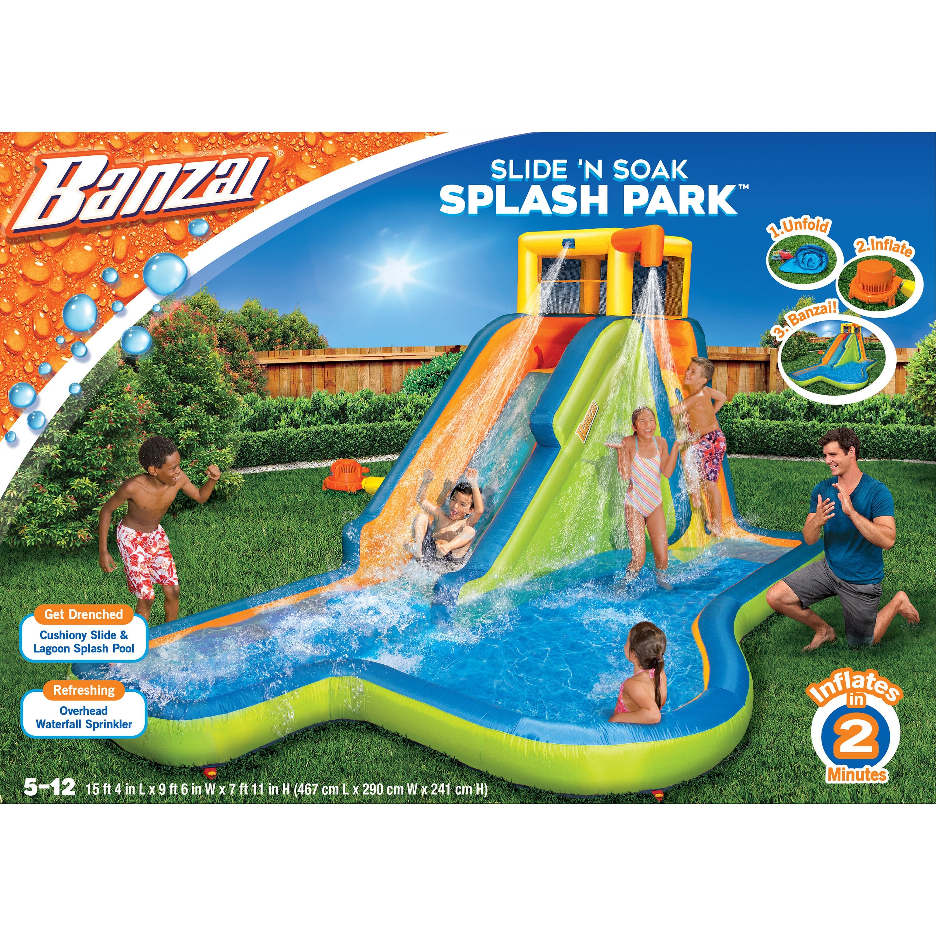 Banzai, BANZAI 90321 Slide N Soak Splash Park Inflatable Water Park Multicolor New