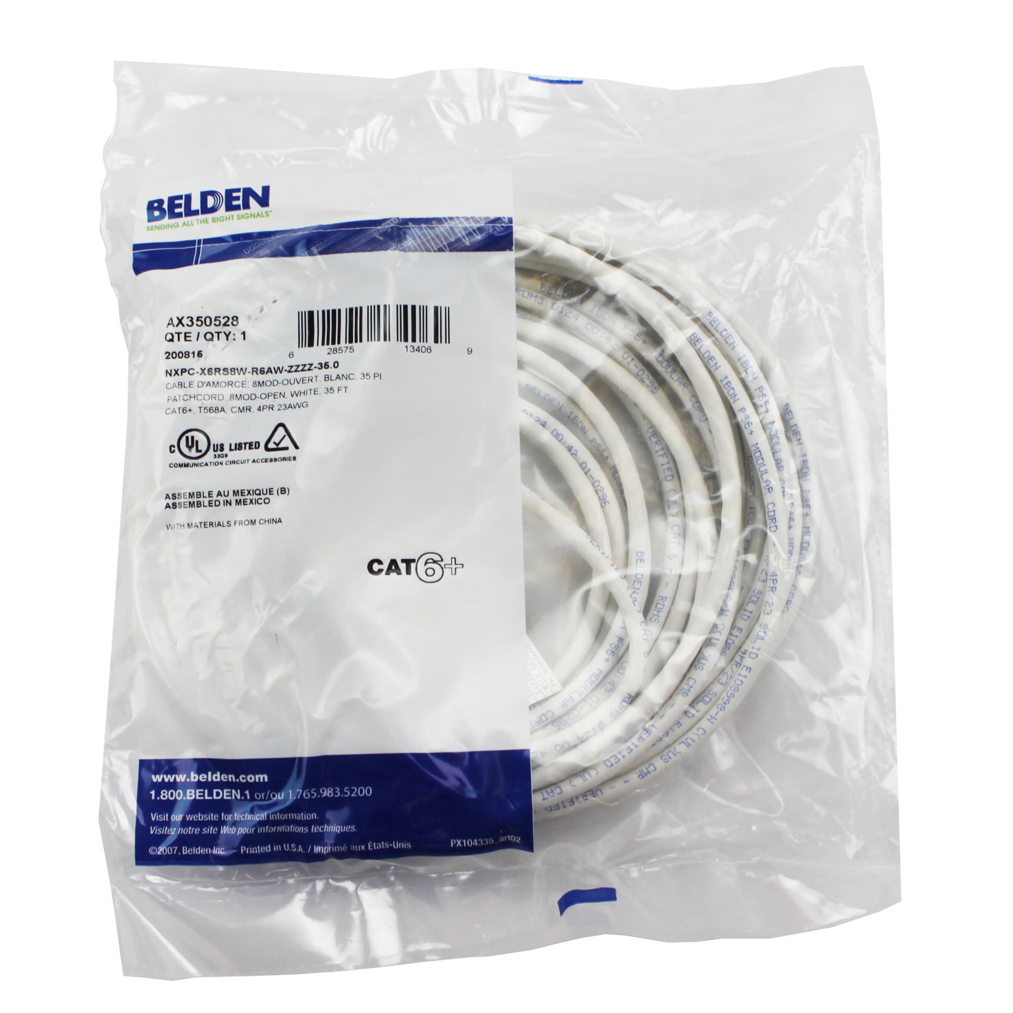 Belden, BELDEN AX350528 35' WHITE 4 PAIR 23AWG CAT6 PATCH CORD CABLE - WHITE OPEN END
