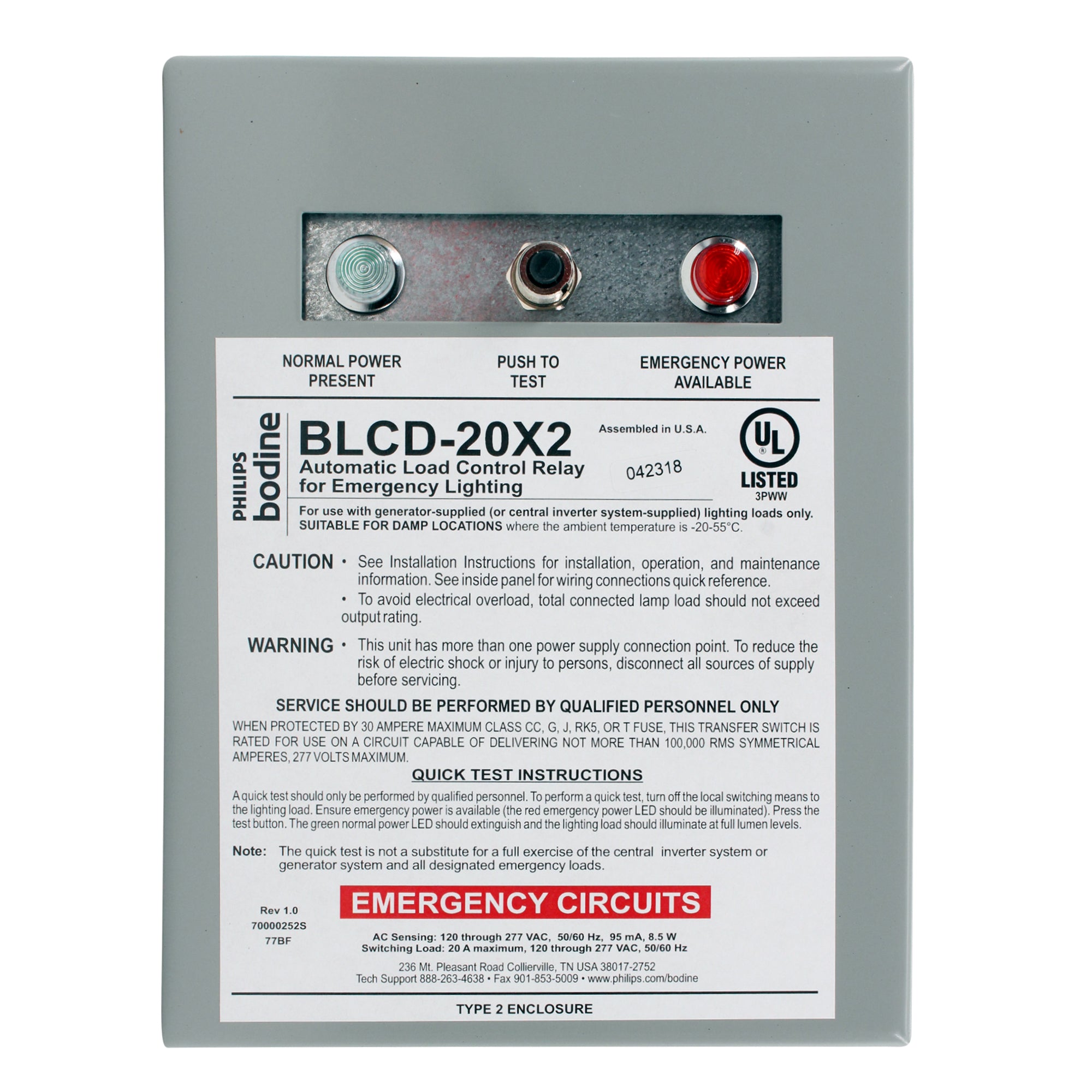 Bodine, BODINE BLCD-20X2 EMERGENCY LIGHTING BYPASS AUTOMATIC CONTROL RELAY, 20A 120/277V