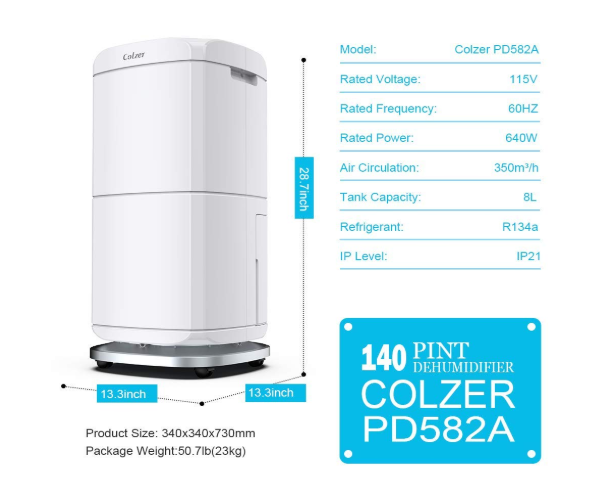 Colzer, Colzer Colzer-004 Large Capacity 140 Pints Compact Portable Dehumidifier with Continuous Drain Outlet New