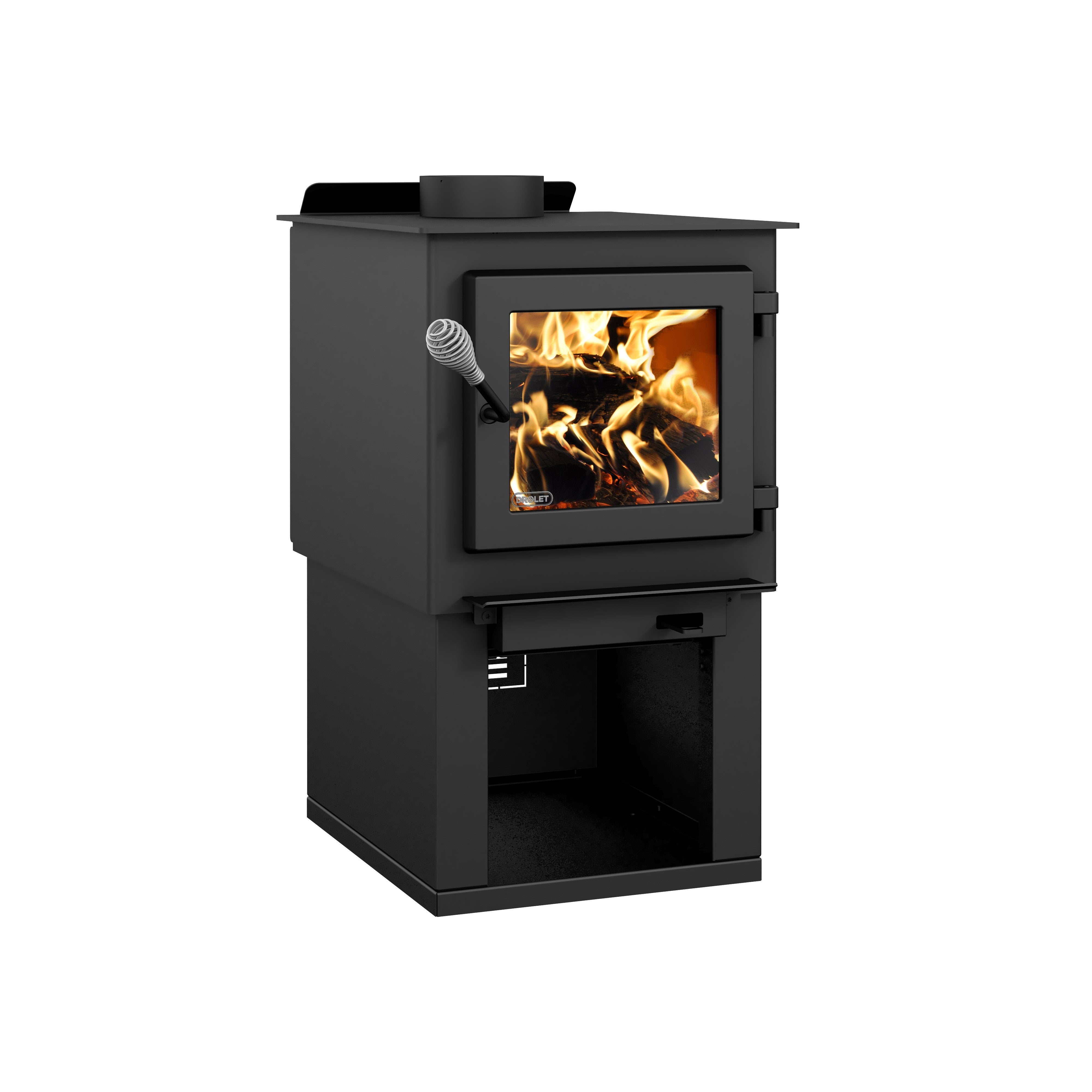 Drolet, Drolet Deco Nano 1,200 Sq. Ft. Wood Stove On Pedestal with Log Storage New