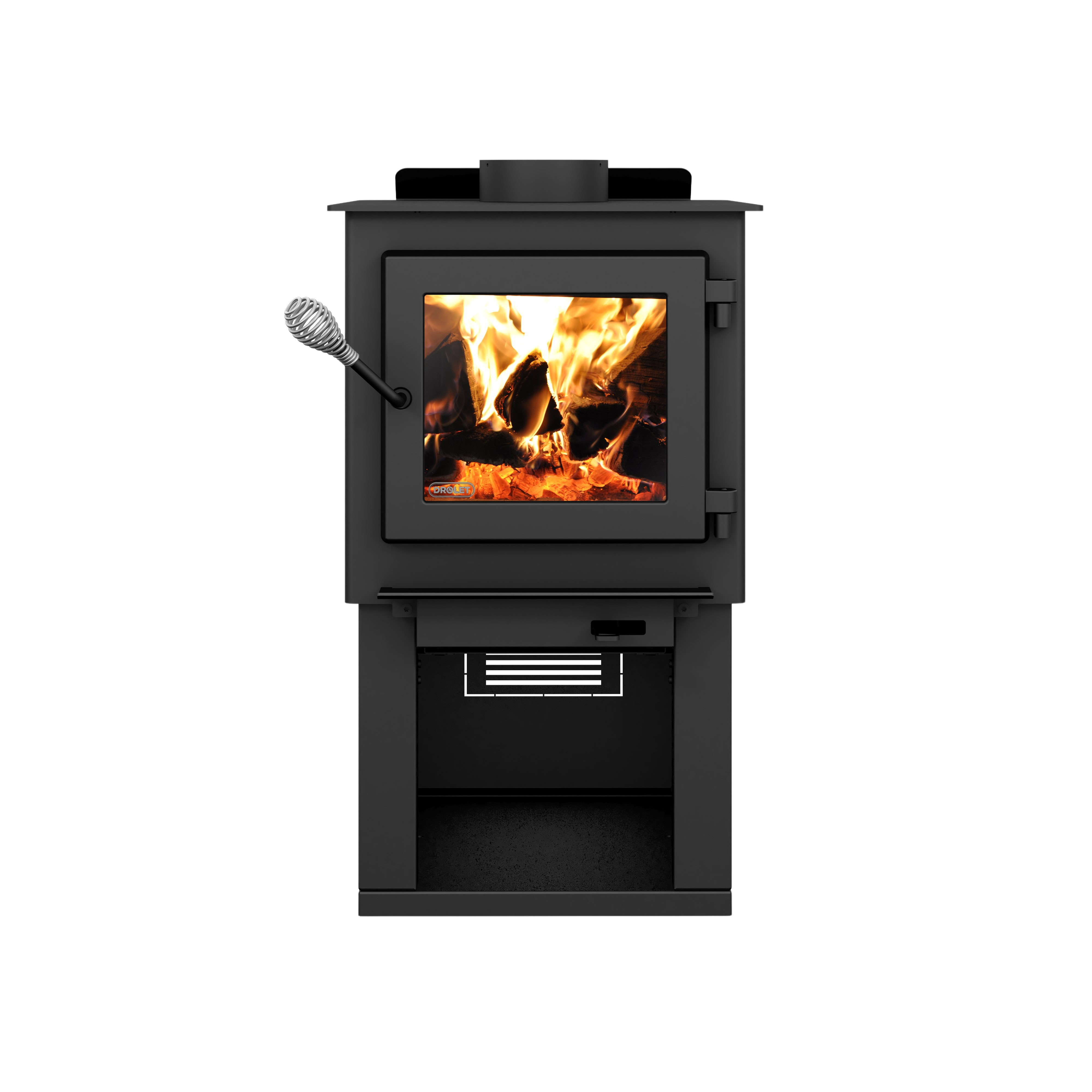Drolet, Drolet Deco Nano 1,200 Sq. Ft. Wood Stove On Pedestal with Log Storage New