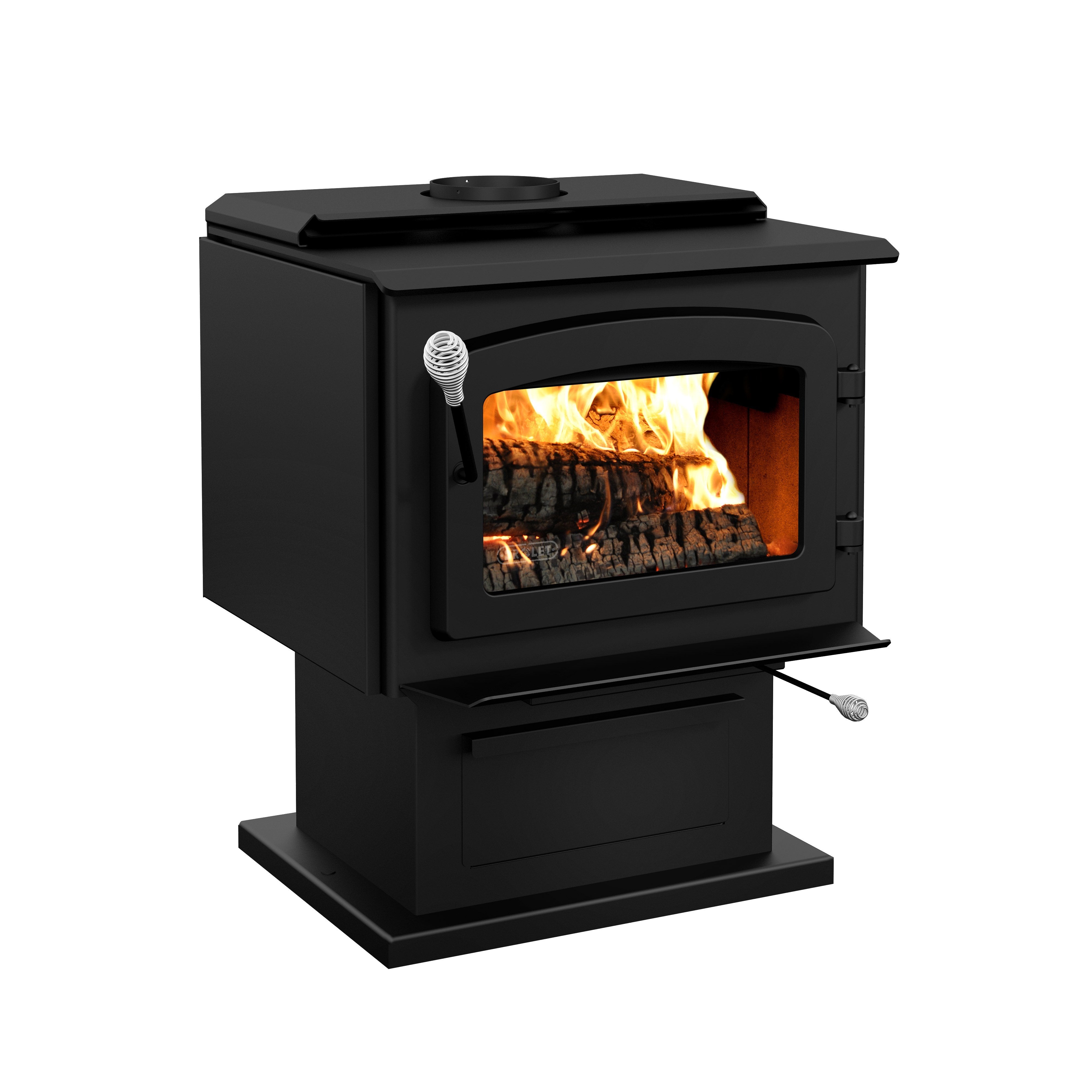 Drolet, Drolet Escape 1800 EPA Certified 2,100 Sq. Ft. Wood Stove On Pedestal With Black Door New