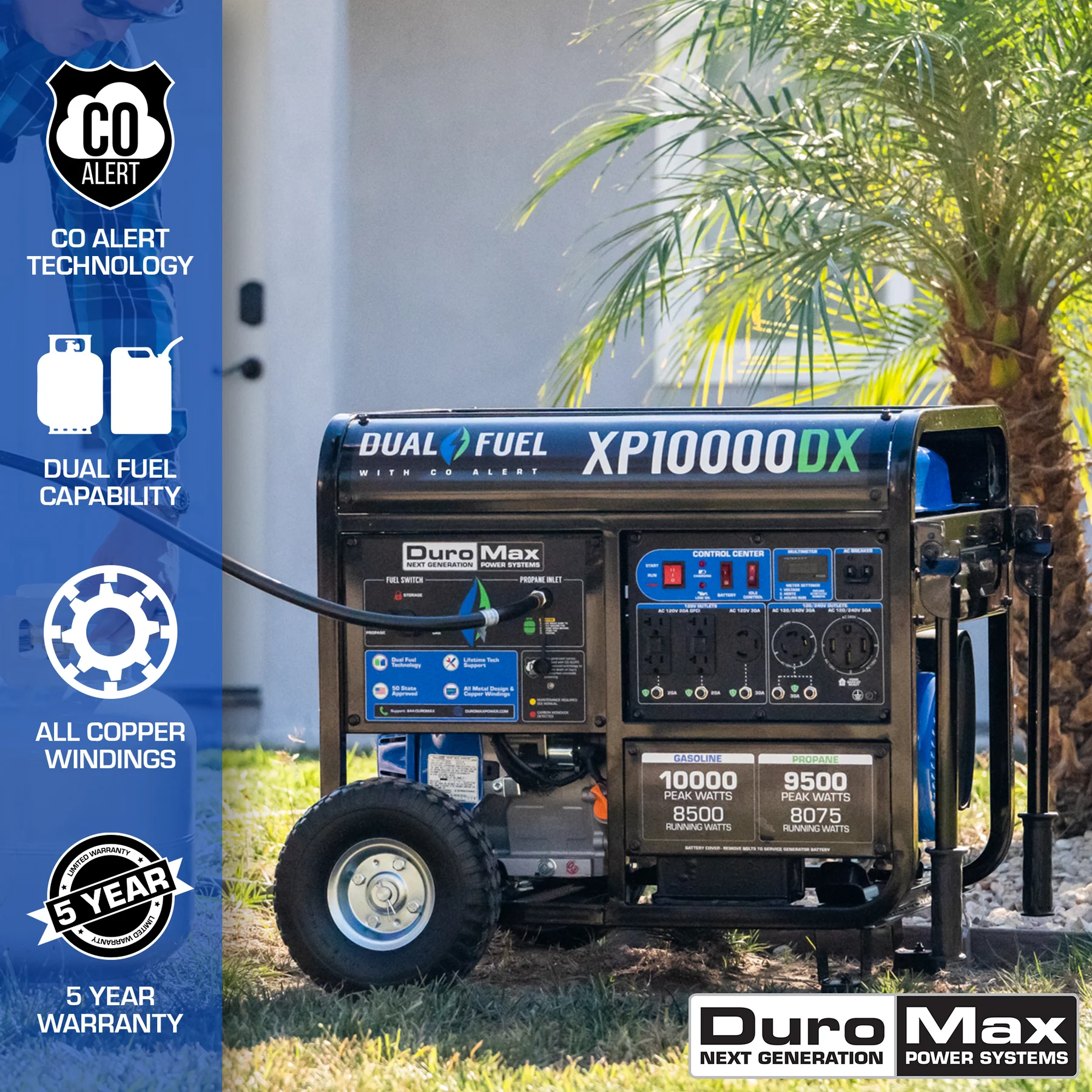 Duromax, DuroMax XP10000DX 8500W/10000W Dual Fuel Gas Propane Generator with Electric Start and CO Alert New