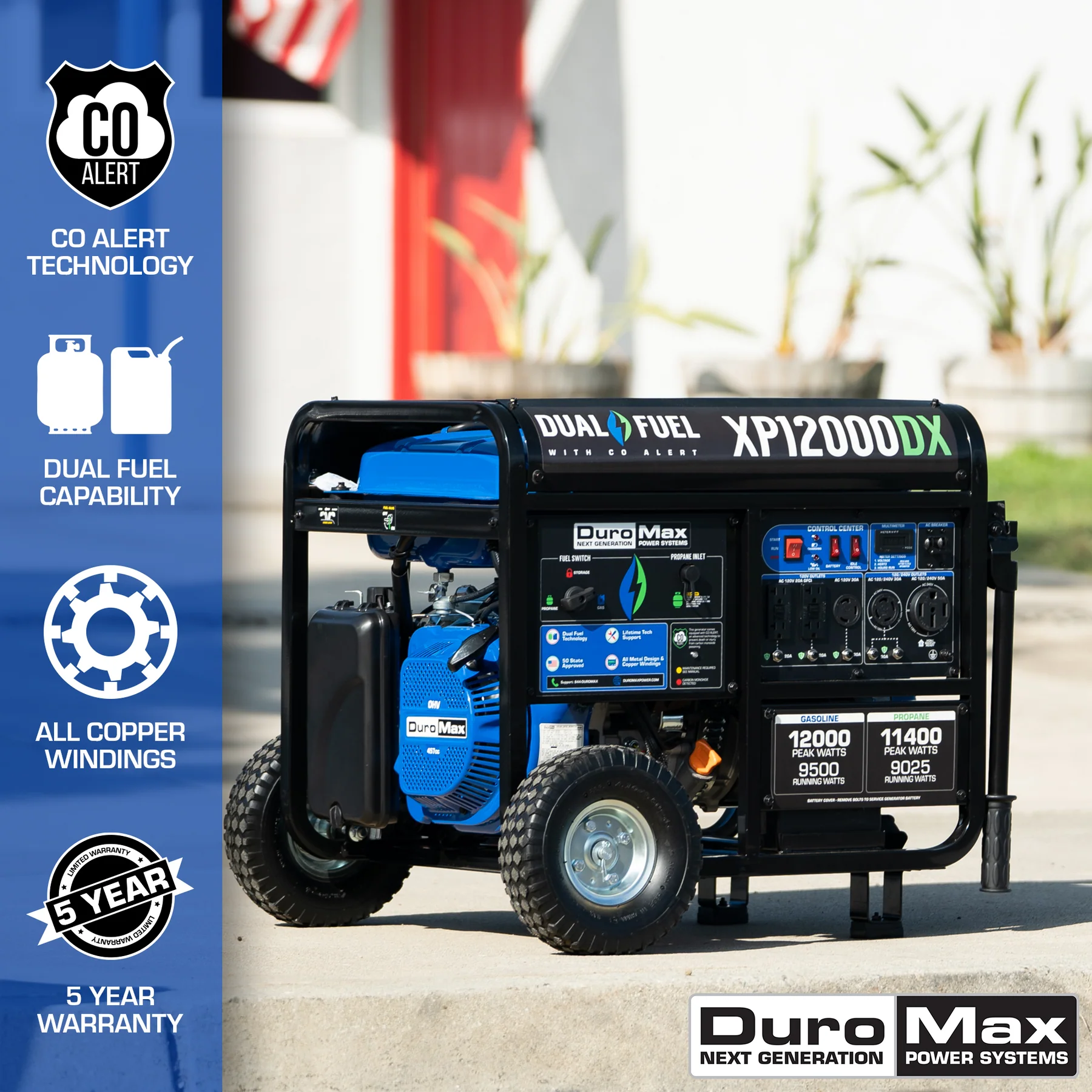 Duromax, DuroMax XP12000DX 9500W/12000W Dual Fuel Gas Propane Generator with Electric Start and CO Alert New