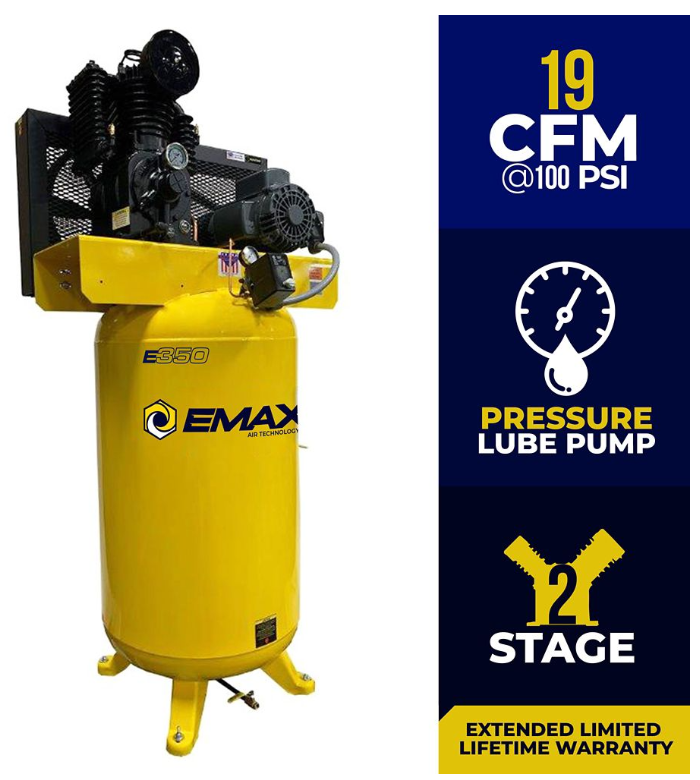 EMAX, EMAX EI05V080I1 Industrial 80 Gal. 5 HP 1-Phase 2 Stage Inline Pressure Lubricated Pump Air Compressor New