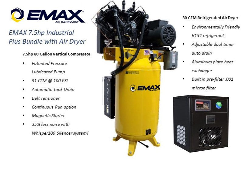 EMAX, EMAX ESP07V080V1PK Industrial 80 Gal. 7.5 HP 30 CFM Air Dryer 1-Phase 2 Stage V4 Pressure Lubricated Pump Silent Air Compressor New