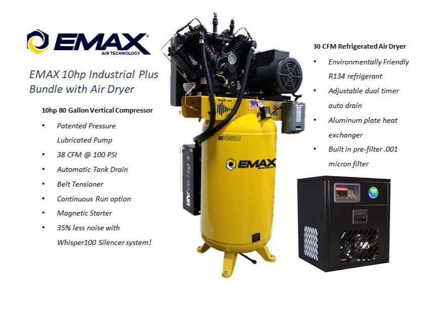 EMAX, EMAX ESP10V080V1PK Industrial 80 Gal. 10 HP Oil-Lube Stationary Air Compressor with 115V 7.2 Amp Refrigerated Corded Air Dryer Bundle New