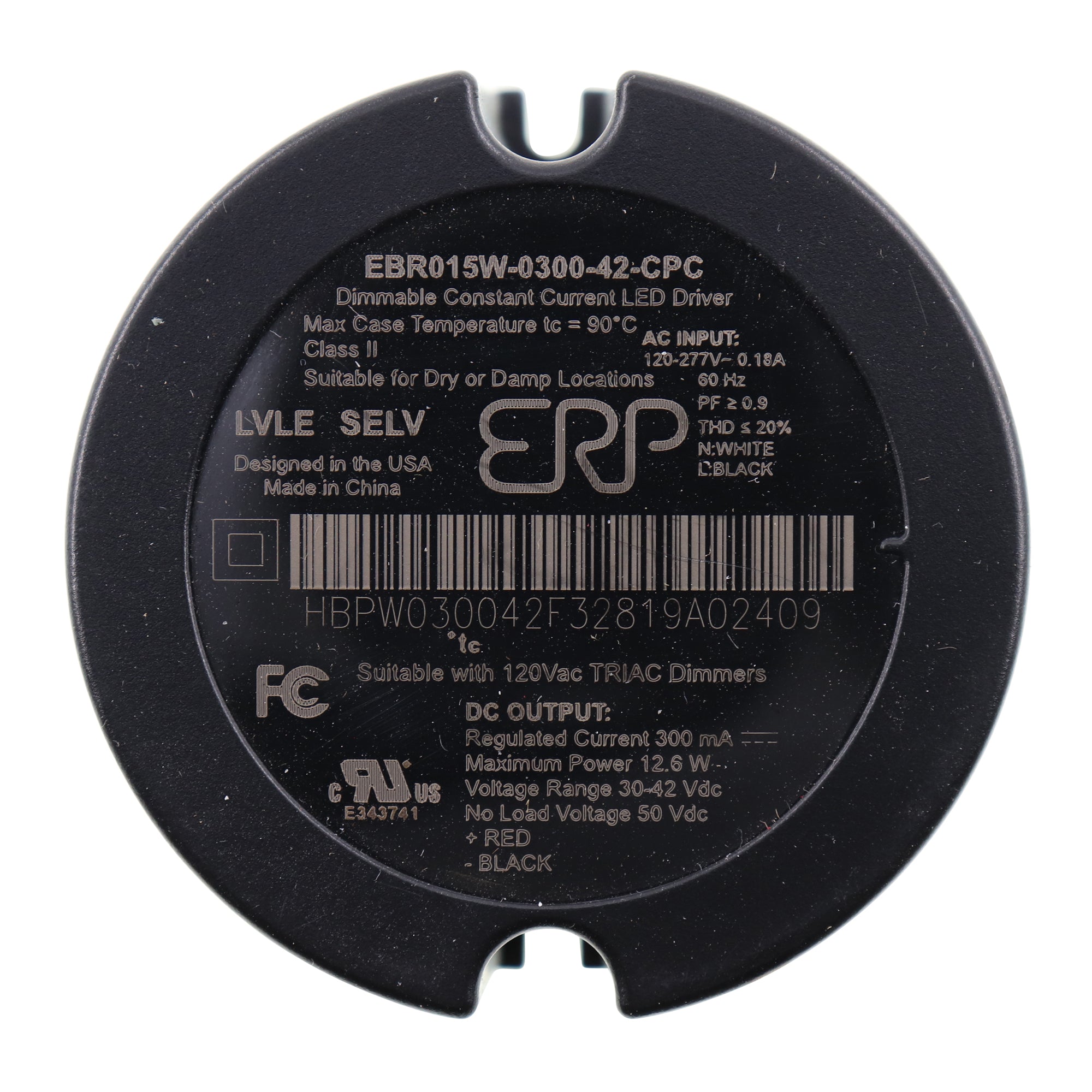 ERP, ERP EBRO15W-0300-42-CPC DIMMABLE LED DRIVER, 12.6W, 30-42VDC, 300MA, 120-277V