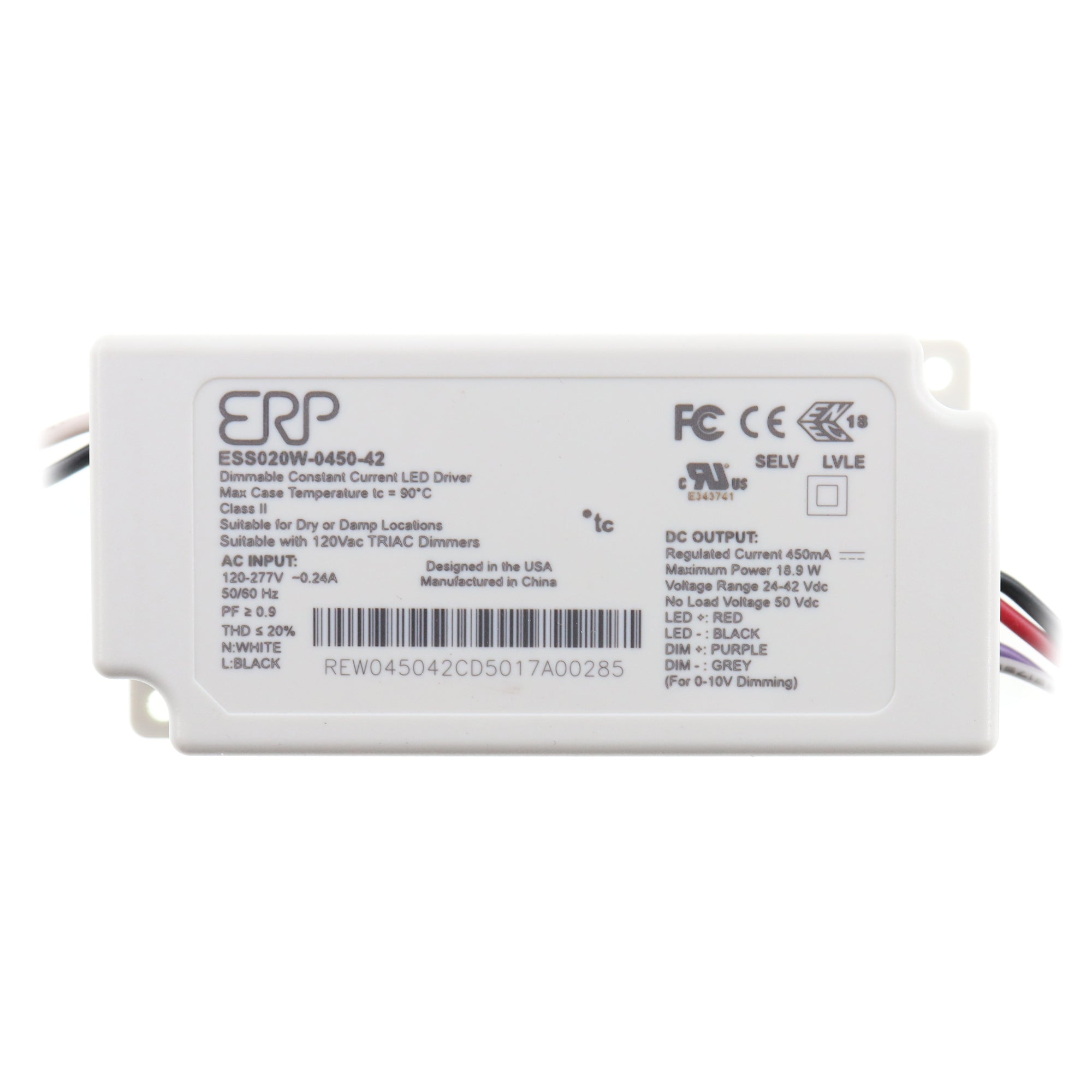 ERP, ERP ESS020W-0450-42 DIMMABLE CONSTANT CURRENT LED DRIVER, 450MA, 19W, 24-42VDC