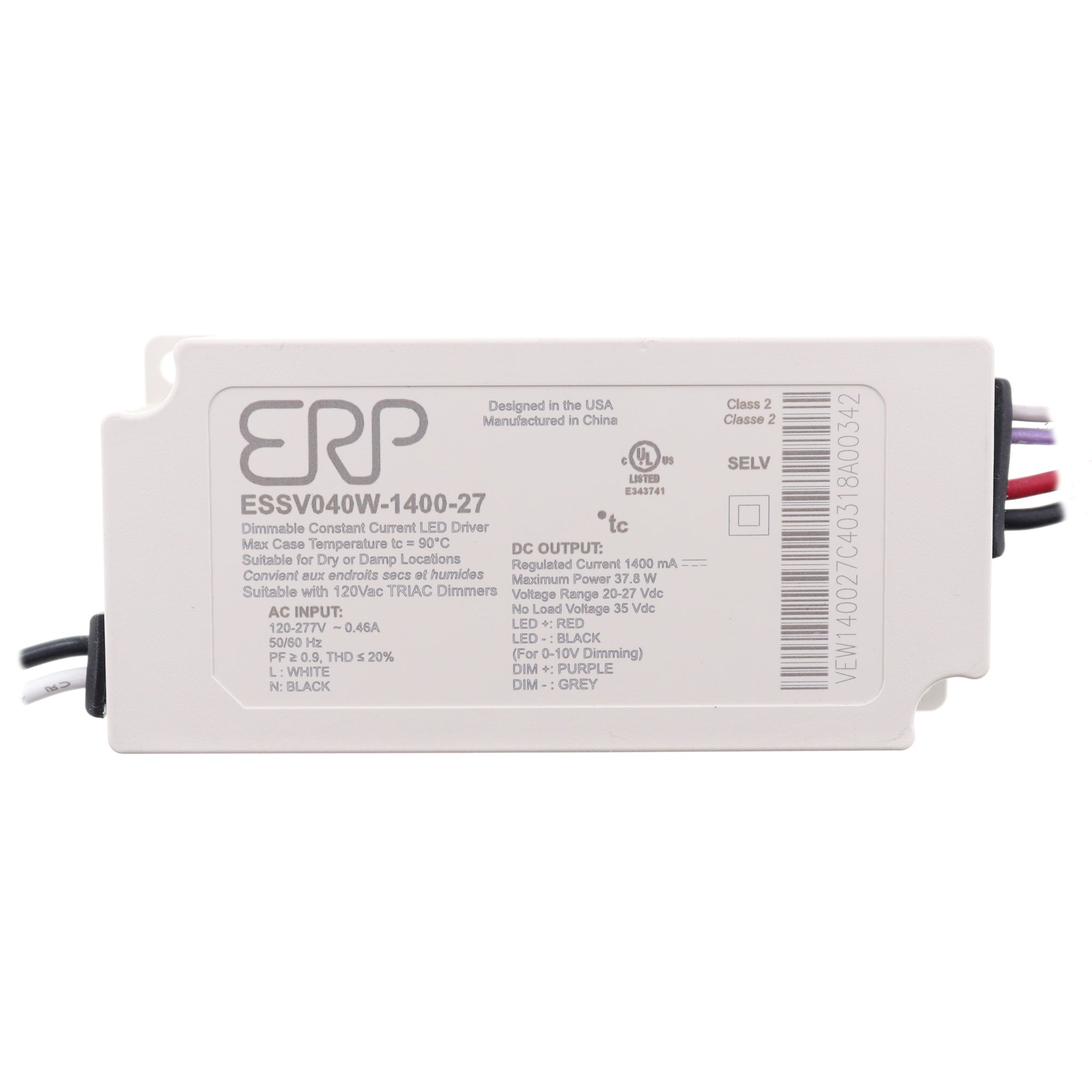 ERP, ERP ESSV040W-1400-27 DIMMABLE CONSTANT CURRENT LED DRIVER, 1400MA, 38W, 20-27VDC