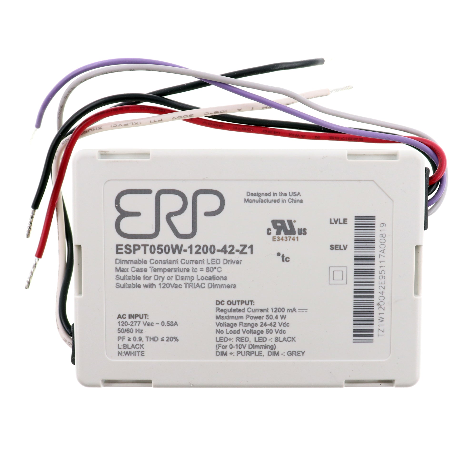 ERP, ERP ESTP050W-1200-42-Z1 DIMMABLE CONSTANT CURRENT LED DRIVER, 1200MA 50W, 24-42V