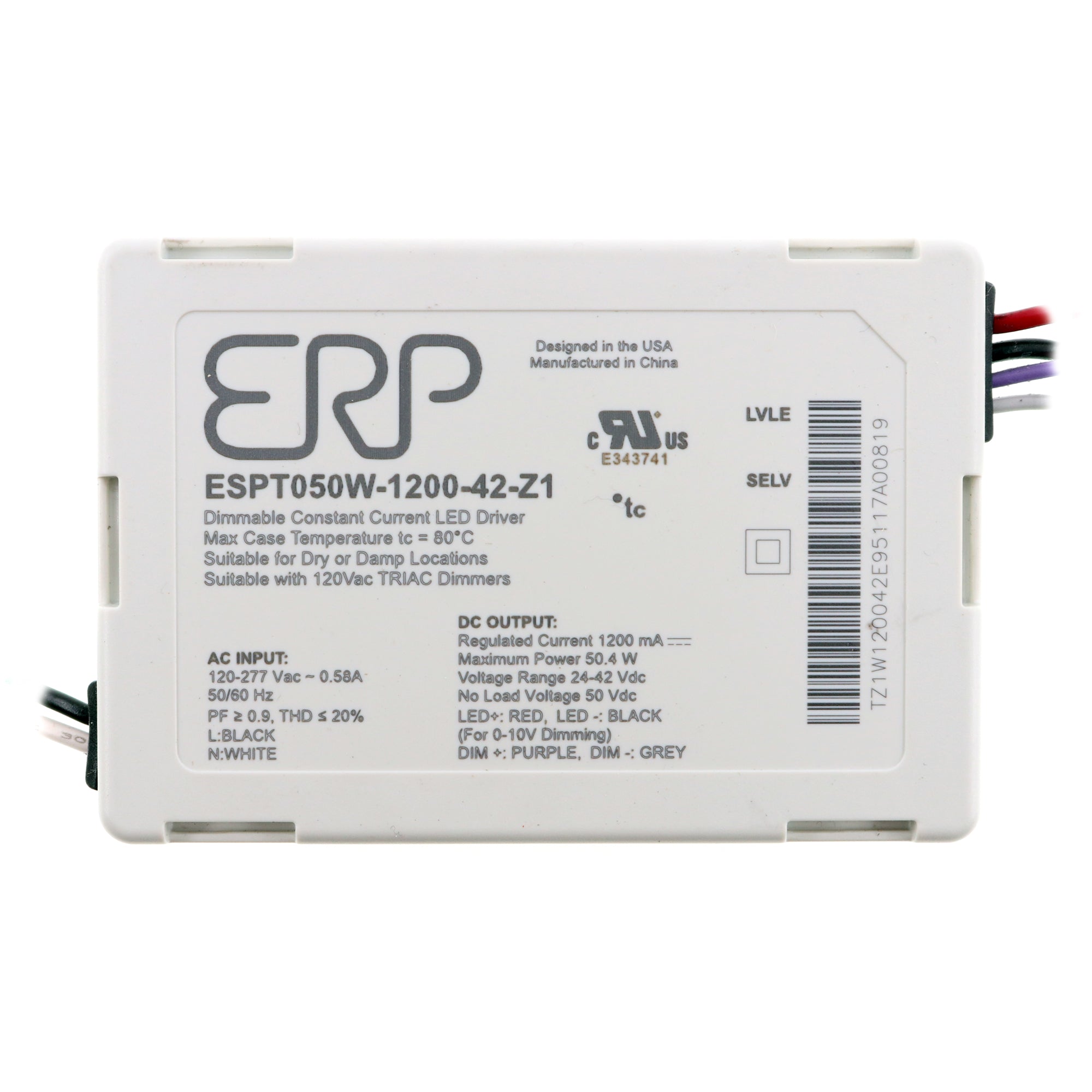 ERP, ERP ESTP050W-1200-42-Z1 DIMMABLE CONSTANT CURRENT LED DRIVER, 1200MA 50W, 24-42V