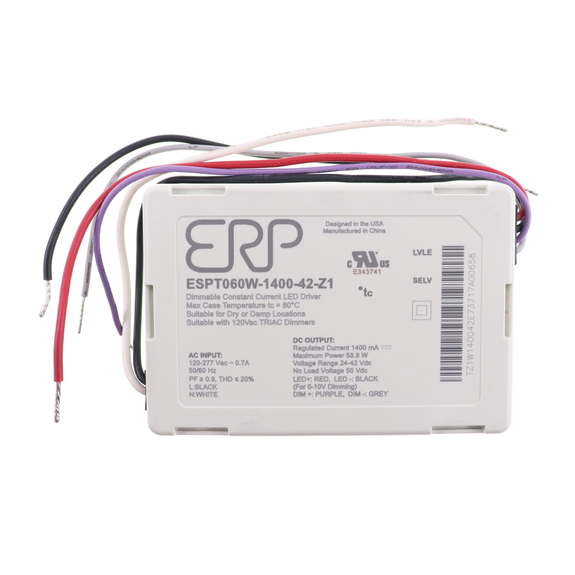 ERP, ERP ESTP060W-1400-42-Z1 DIMMABLE CONSTANT CURRENT LED DRIVER, 1400MA 58W, 24-42V