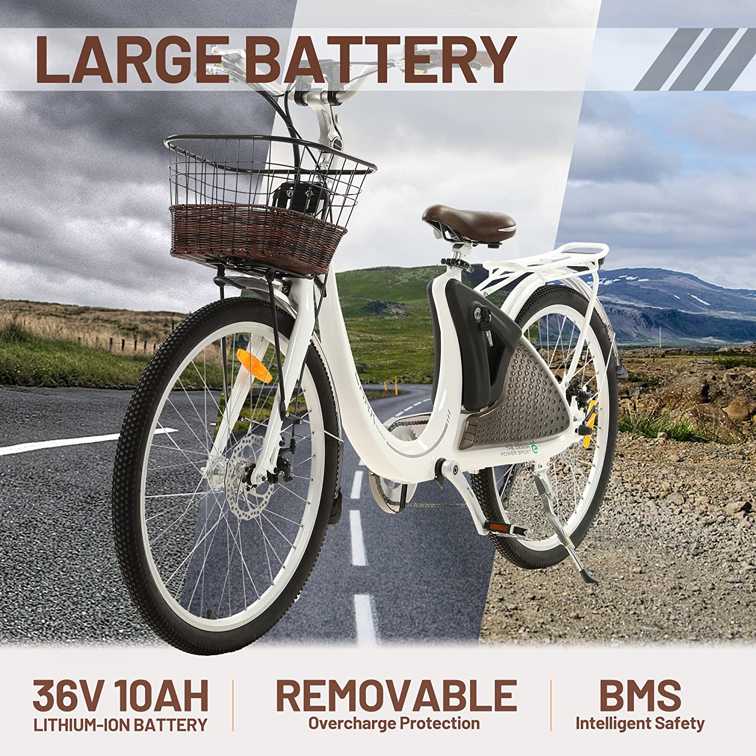 Ecotric, Ecotric Lark E-Bike 36V 10AH 500W 20 MPH City Bike For Women with Basket and Rear Rack White NS-LAK26LCD-W New
