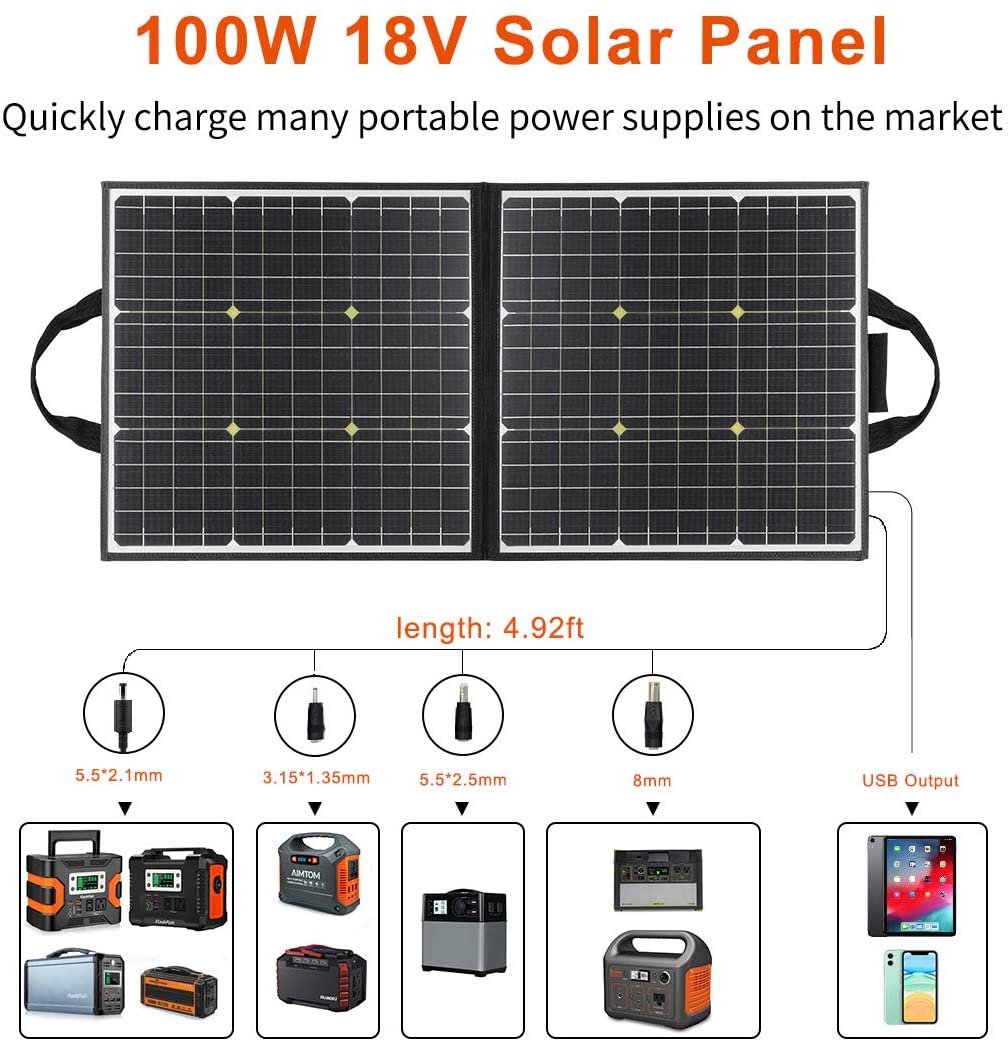 Flashfish, Flashfish 100W 18V Portable Foldable Solar Panel With 5V USB 18V DC Output Compatible With Portable Generators, Smartphones, Tablets And More New