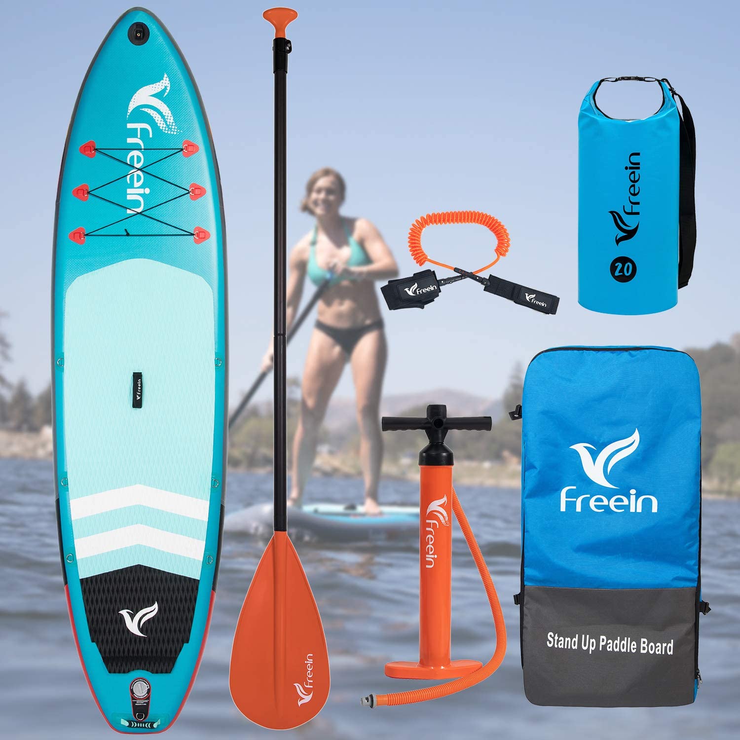 Freein, Freein 11' Explorer Inflatable SUP Stand Up Paddle Board Package Dual Action Pump Camera Mount Light Blue New