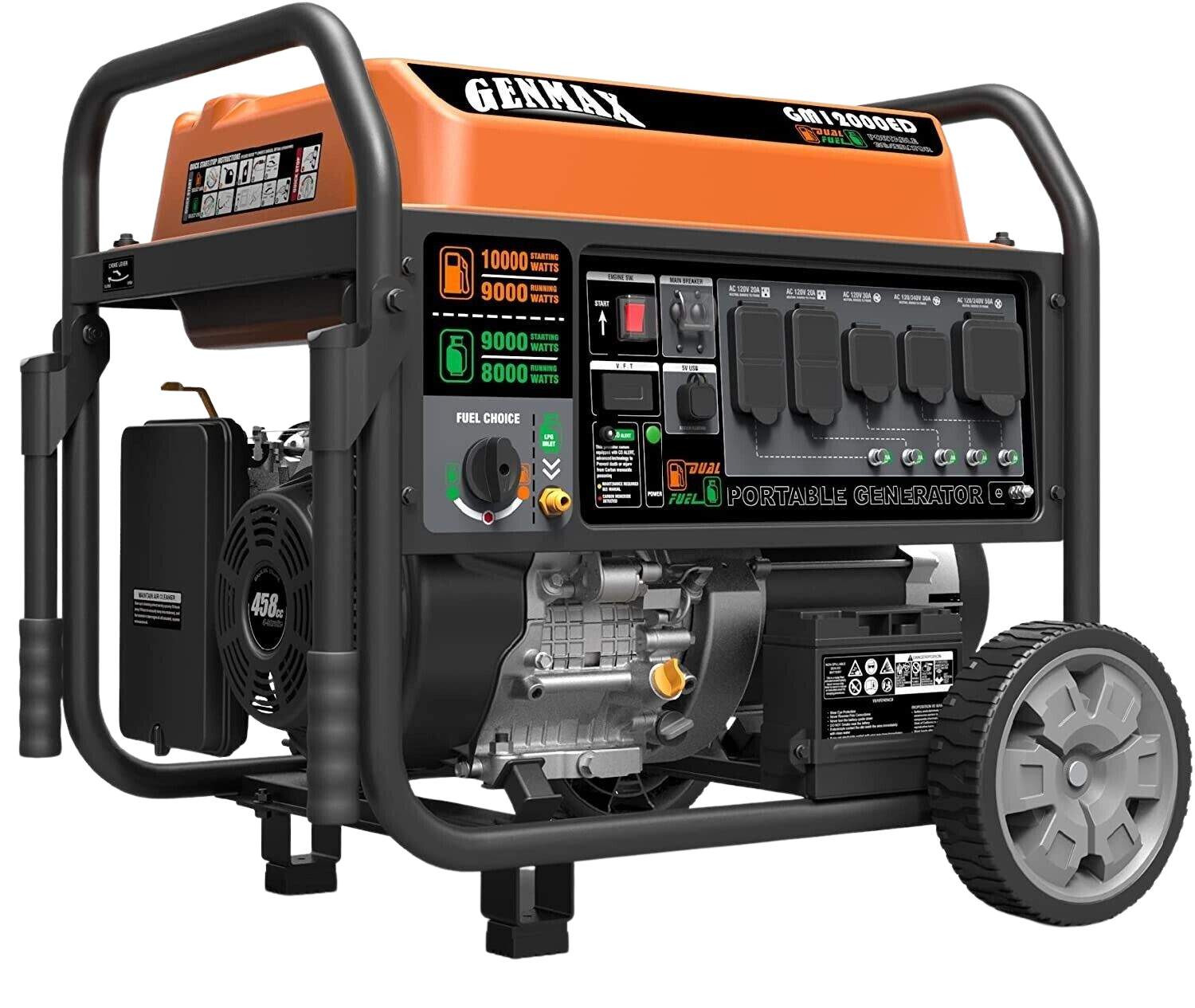 GENMAX, GENMAX GM12000ED Dual Fuel Generator 9000W/10000W 50 Amp Electric Start with CO Detect New