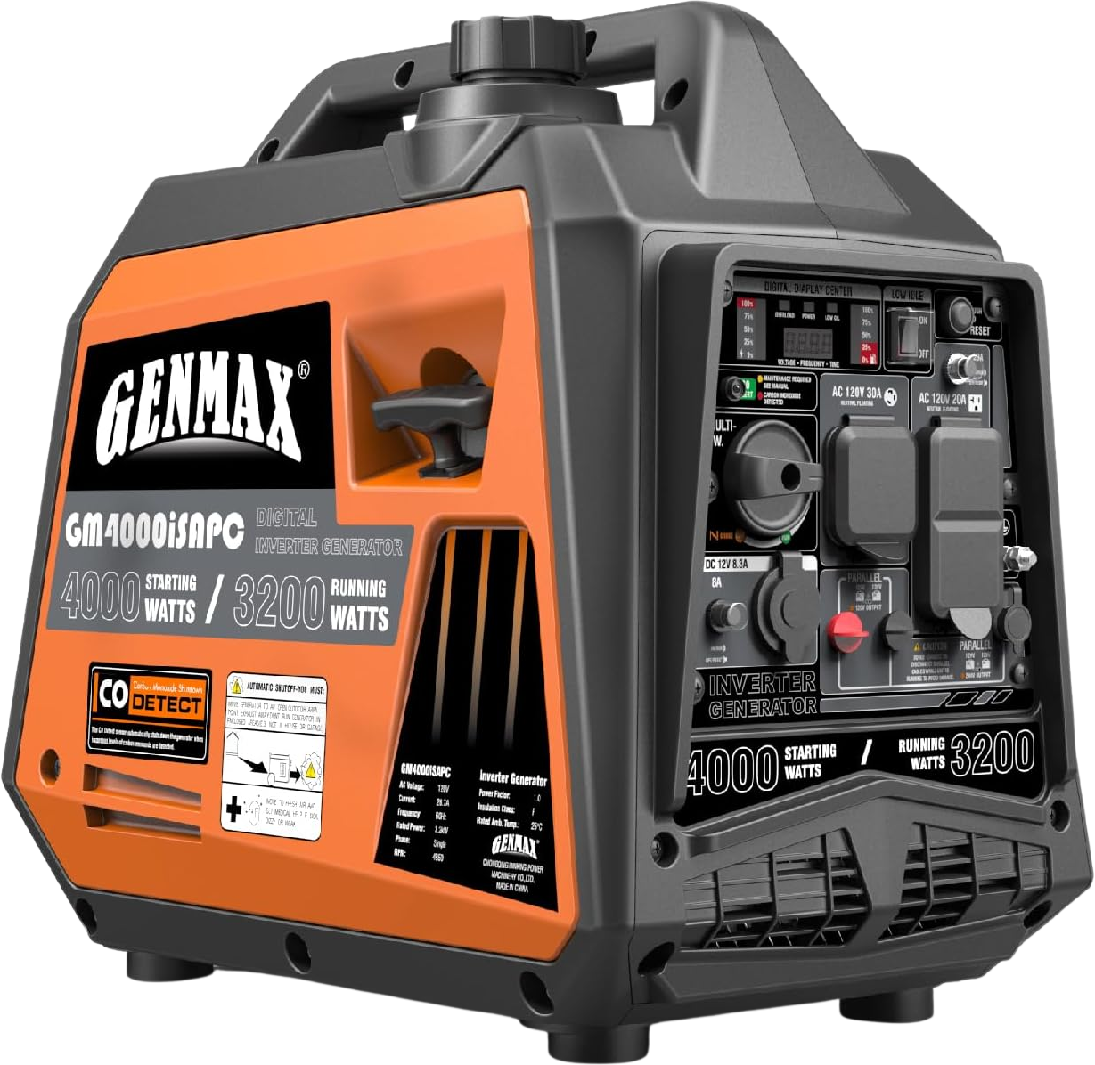 GENMAX, GENMAX GM4000iSAPC 3200W/4000W 26.7 Amp Gas Inverter Generator Parallel Ready with CO Detect New