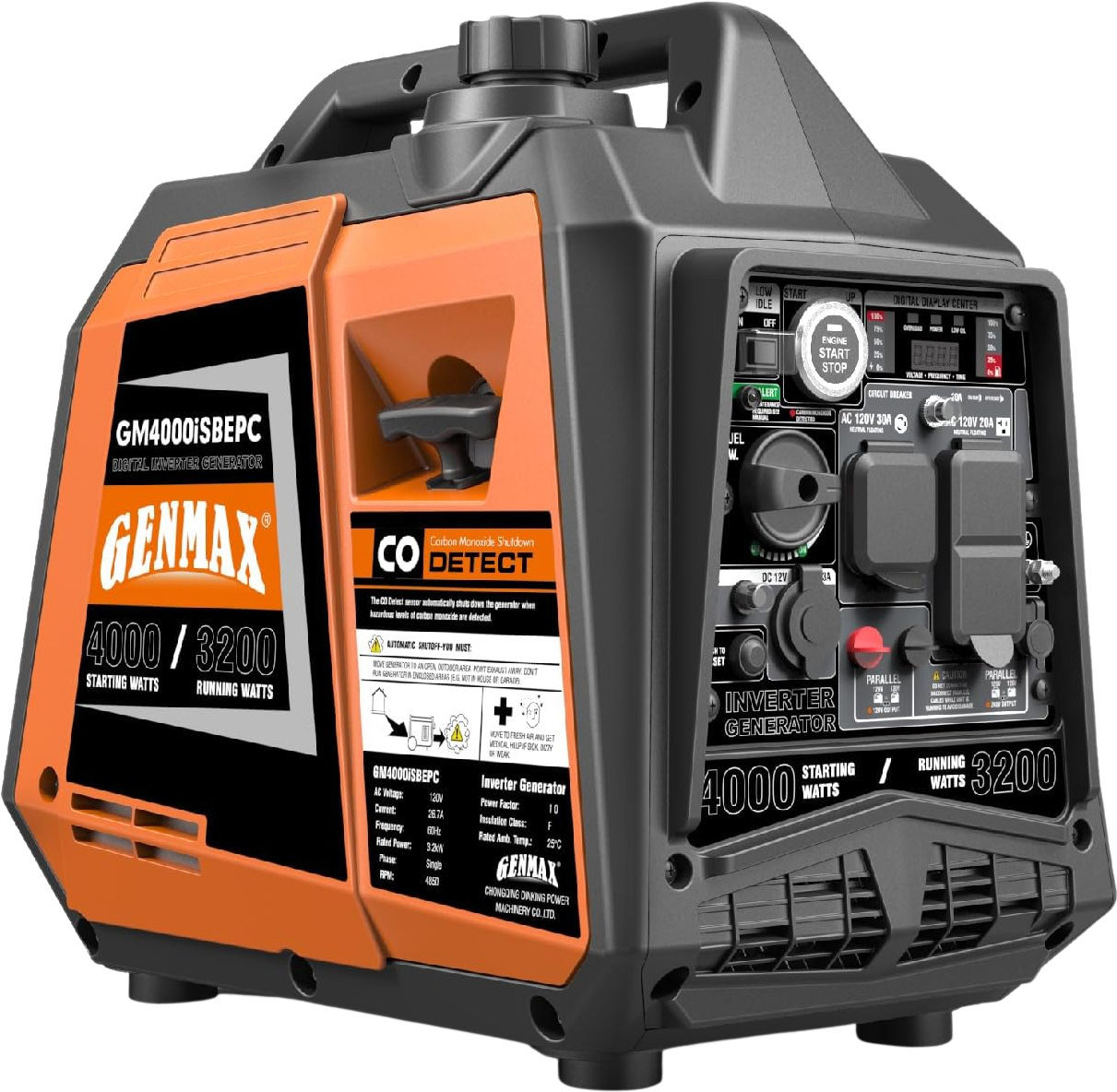 GENMAX, GENMAX GM4000iSBEPC 3200W/4000W 26.7 Amp Electric Start Gas Inverter Generator Parallel Ready with CO Detect New
