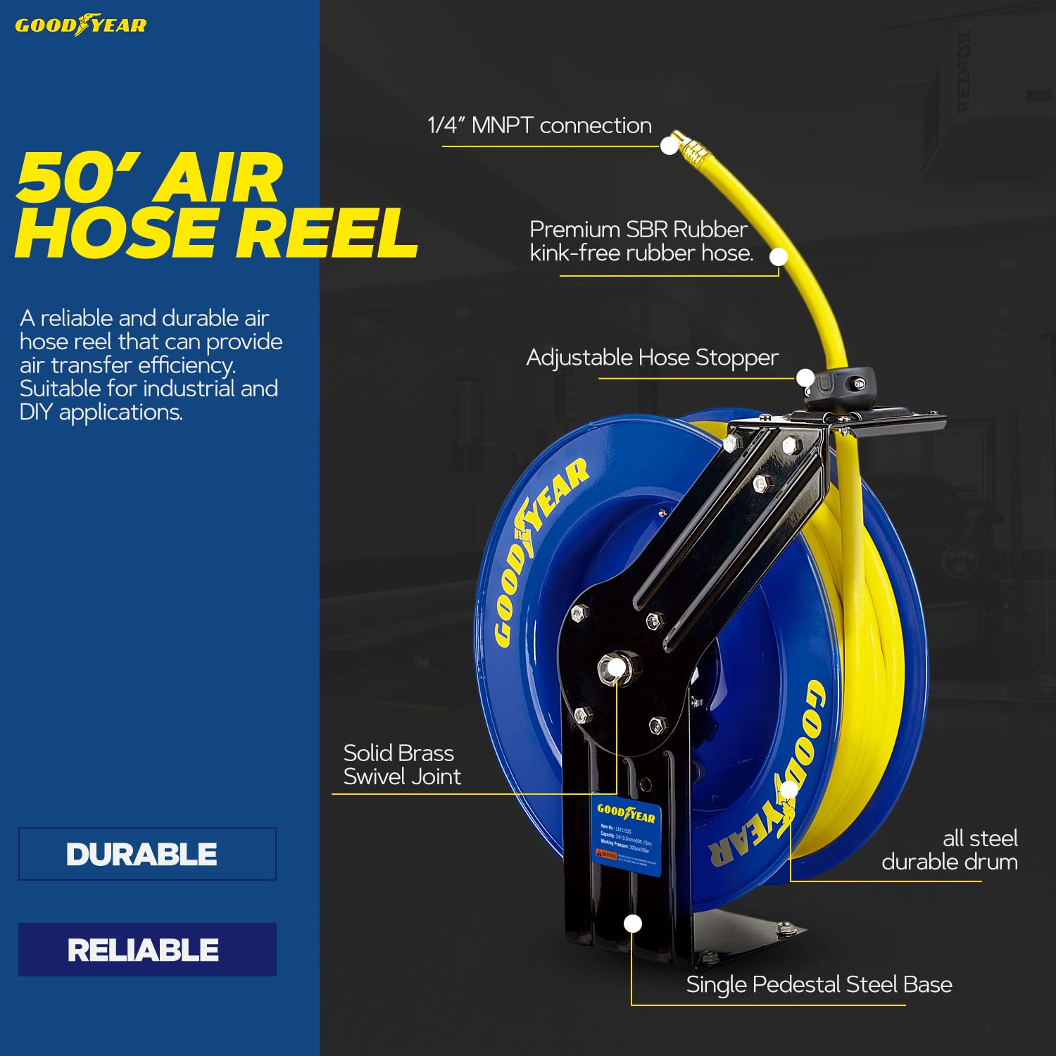Goodyear, Goodyear 300 PSI 3/8" OD x 50' Industrial Retractable Rubber Air Hose Reel New