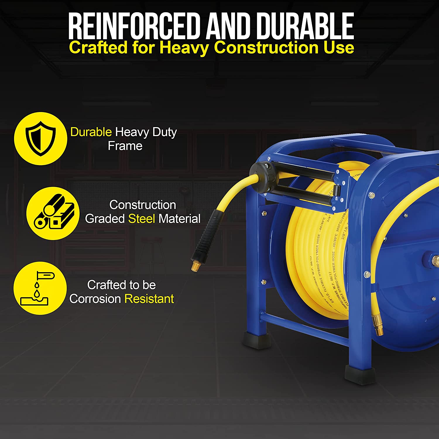 Goodyear, Goodyear 3/8" x 100' 3/8" MNPT Connections Portable Industrial Retractable Air Hose Reel New