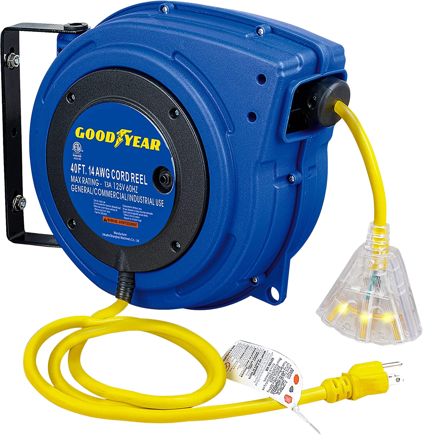 Goodyear, Goodyear Retractable Extension Cord Reel Mountable 14AWG x 40' Led Light Up Tap Triple Connector 63313134G New