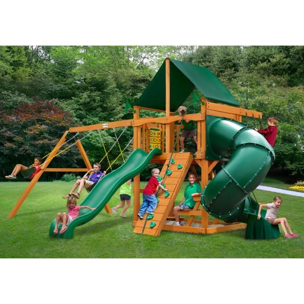 Gorilla Playsets, Gorilla Playsets 01-0005-AP-2 Mountaineer Amber Posts Swing Set and Residential Wood Playset with Sunbrella Canvas Forest Green Canopy New