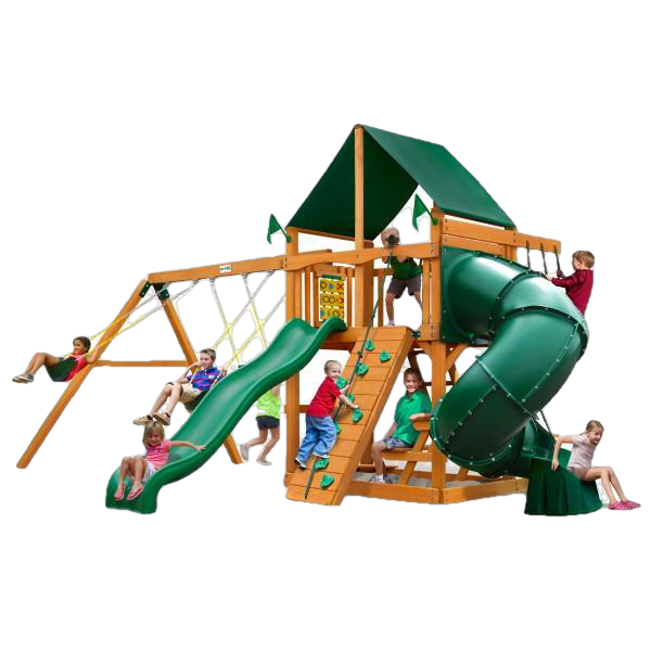 Gorilla Playsets, Gorilla Playsets 01-0005-AP-2 Mountaineer Amber Posts Swing Set and Residential Wood Playset with Sunbrella Canvas Forest Green Canopy New