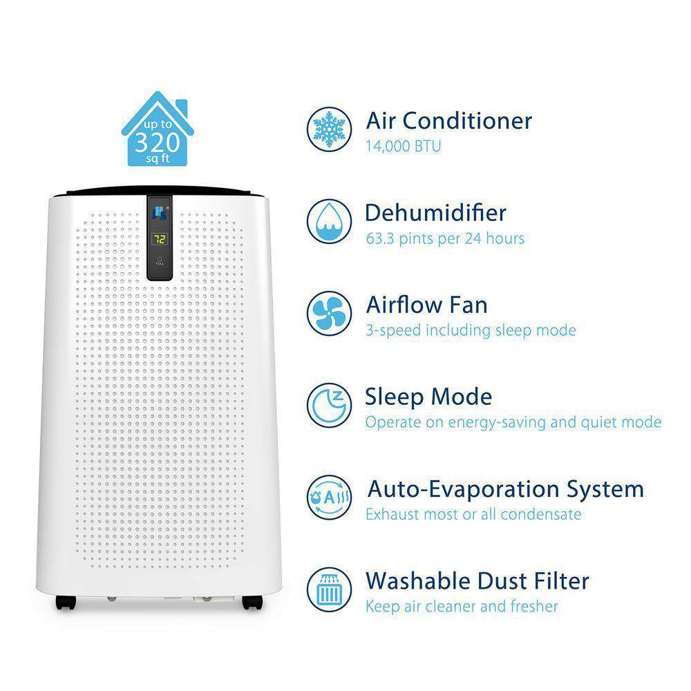 JHS, JHS A018-14KR/C 14000 BTU 3-in-1 with 3 Fan Speeds Digital LED Display 320 Sq. Ft. Portable Air Conditioner with Dehumidifier and Remote White New