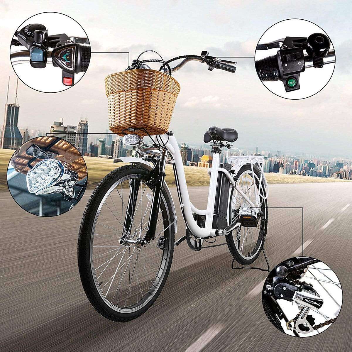 Nakto, NAKTO 26 inch 250W Motor with Peak 350W 19 MPH Camel Electric Bicycle 6 Speed E-Bike 36V Lithium Battery Female/Young Adult White New