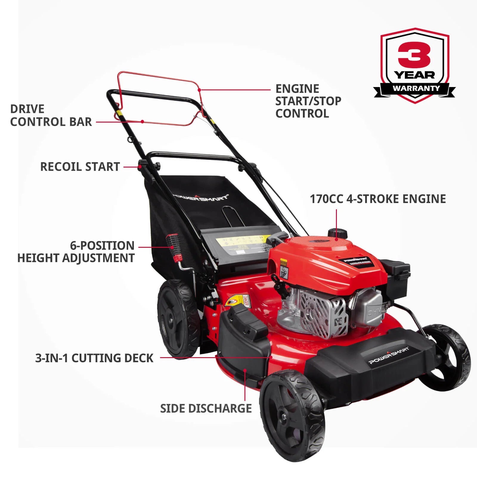 Powersmart, Powersmart DB8621AS 3-In-1 Lawn Mower 21" Self-Propelled 170cc Gas Engine Red New
