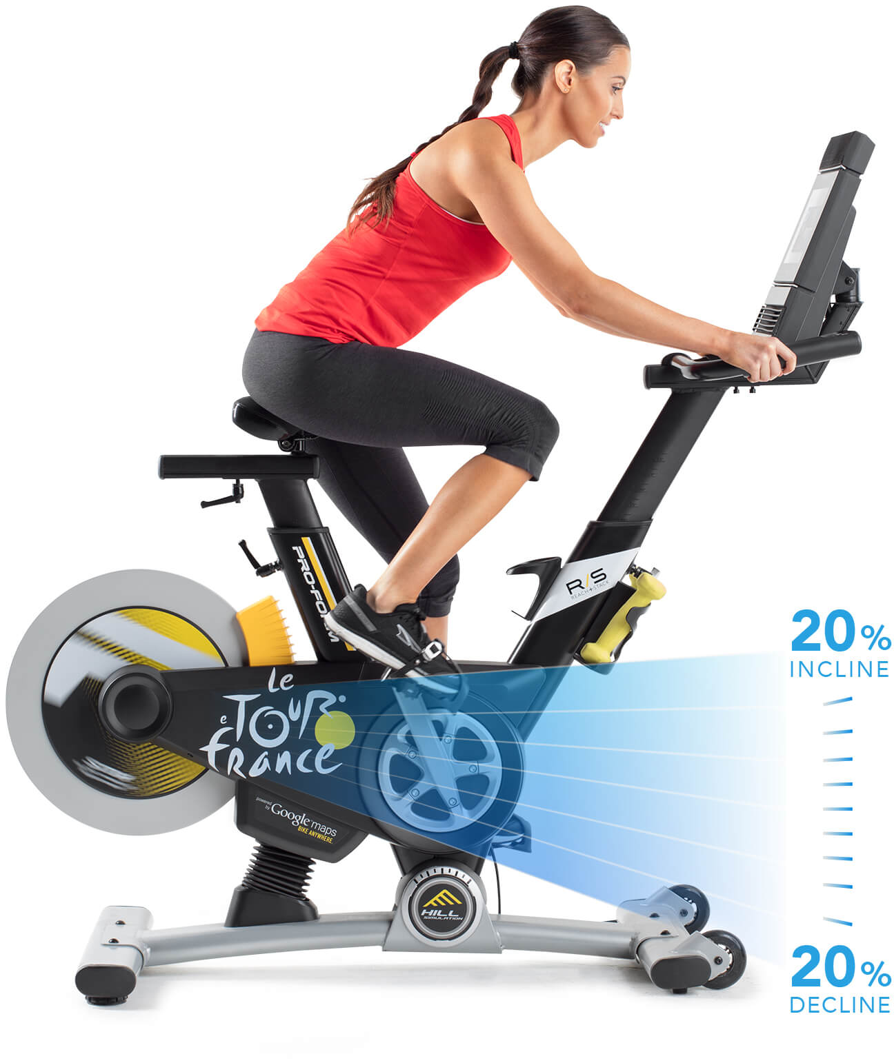 Bike with diagram showing that it can go from 20% incline to 20% decline