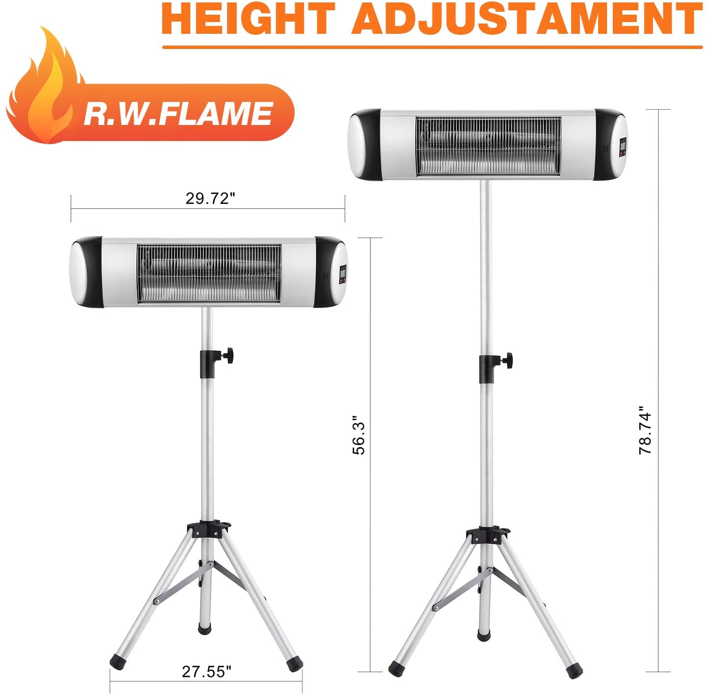 RW FLAME, RW Flame 516B 500W-1500W Height Adjustable Waterproof IP65 Rated Infrared Electric Patio Heater With Remote New