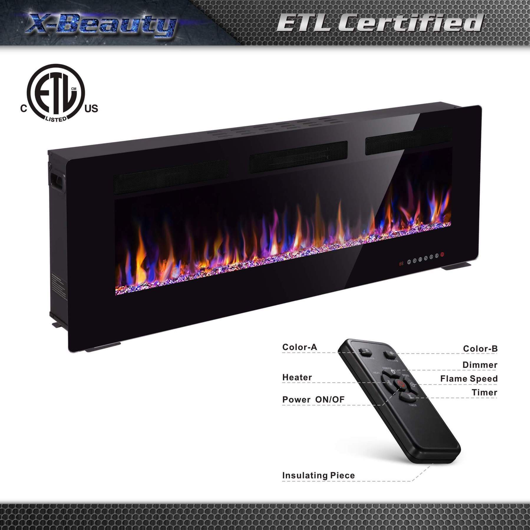 RW FLAME, RW Flame 860C 750W-1500W 60 Inch Recessed and Wall Mounted Electric Fireplace With Remote Control Black New