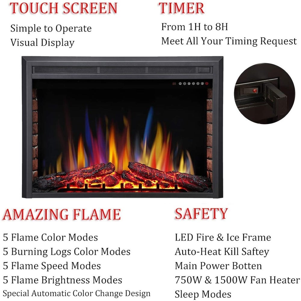 RW FLAME, RW Flame 939A 750W-1500W 39 Inch Recessed Freestanding Electric Fireplace Insert With Remote Black New