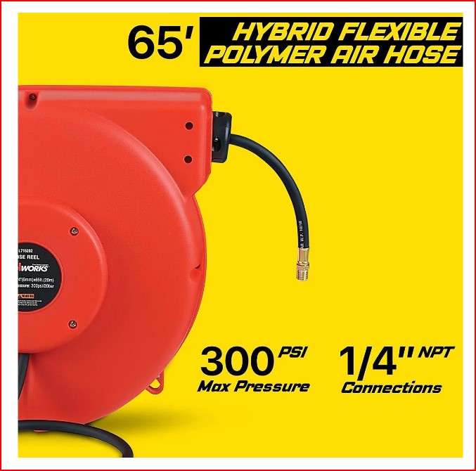 ReelWorks, ReelWorks GUR016 Mountable Retractable Air Hose Reel 3' Lead-In Hose 1/4" NPT Connections 1/4" x 65' New