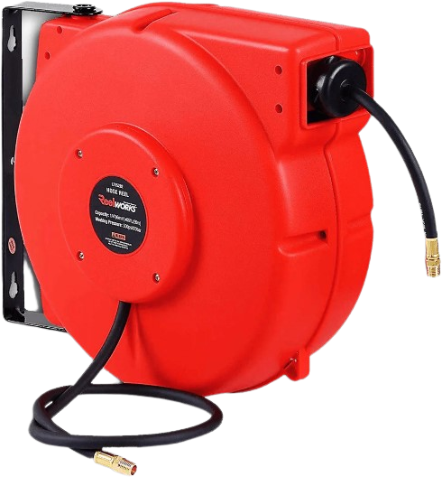ReelWorks, ReelWorks GUR016 Mountable Retractable Air Hose Reel 3' Lead-In Hose 1/4" NPT Connections 1/4" x 65' New