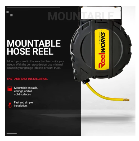 ReelWorks, ReelWorks GUR070 300 PSI 3/8" x 50' Mountable Retractable Air Hose New