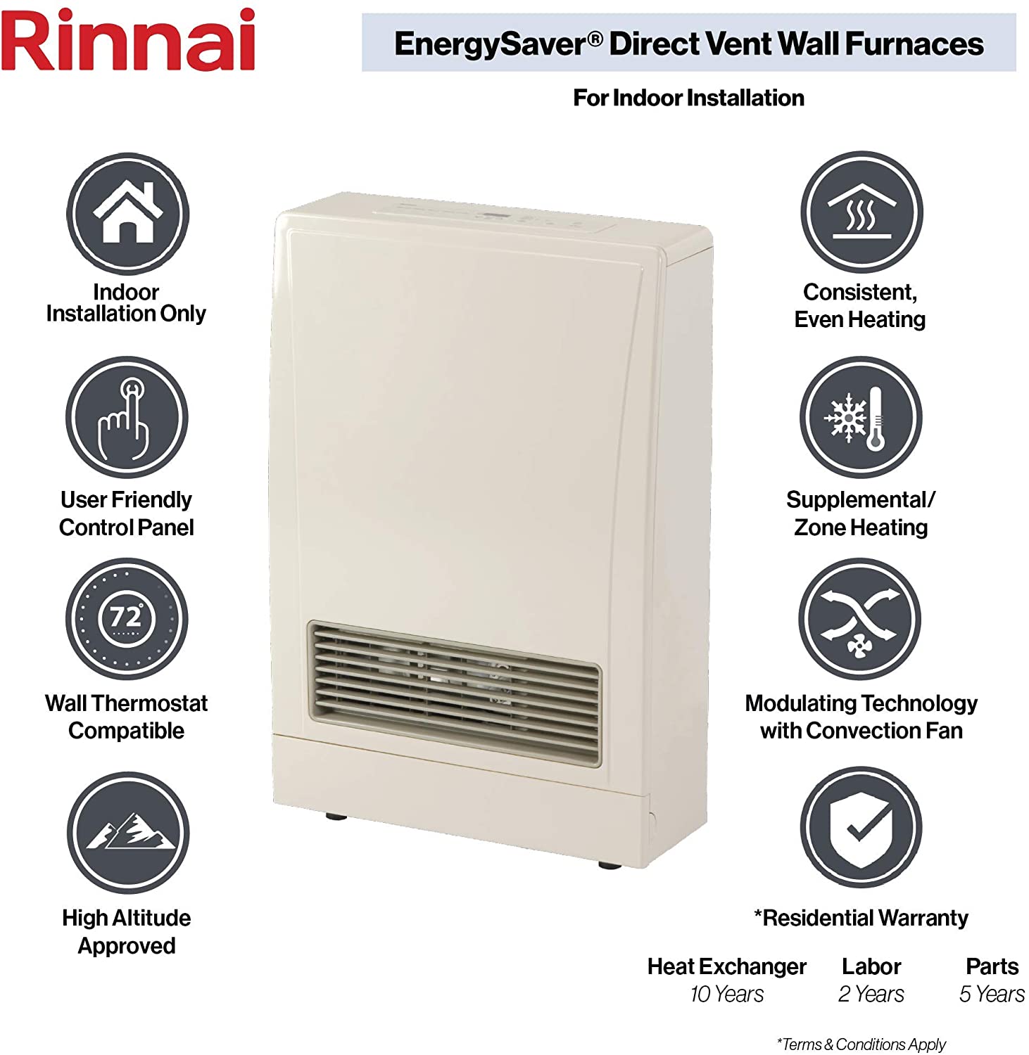 Rinnai, Rinnai 11,000 BTU Direct Vent Natural Gas Furnace Heater New