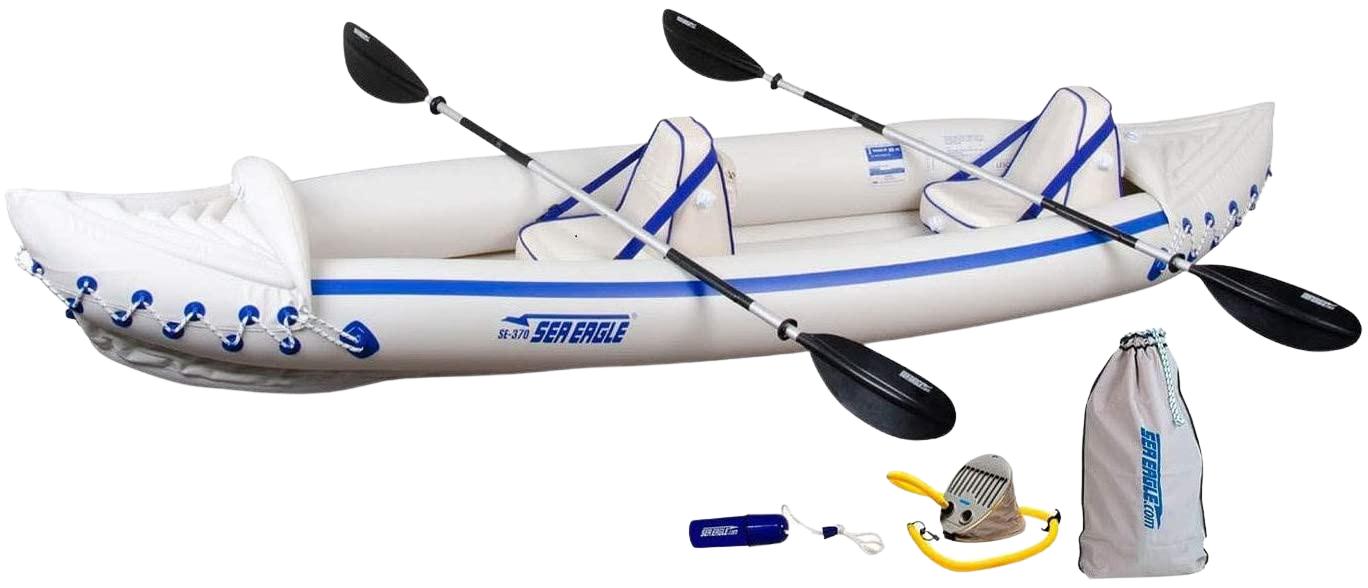 Sea Eagle, Sea Eagle 370 Inflatable Portable Sport Kayak Canoe 3 Person Pro Package With Paddles White Blue New