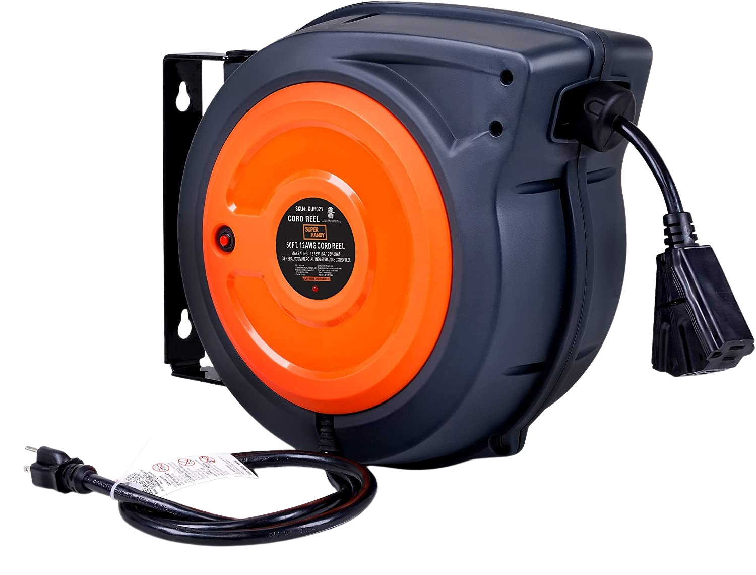 Super Handy, Super Handy GUR030 12AWG x 65' 15A 3 Grounded Outlets Mountable Retractable Extension Cord Reel New